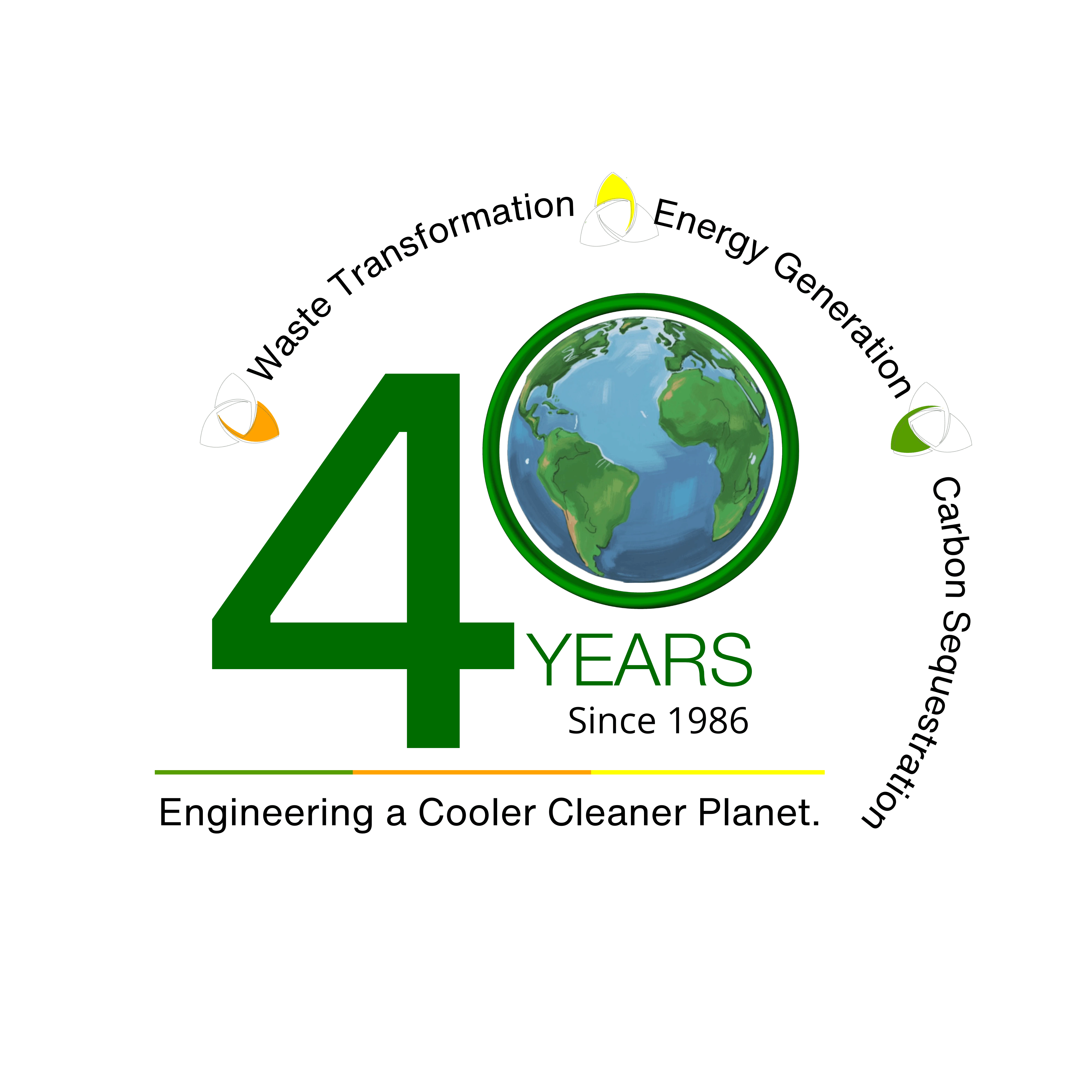 40 years anniversary logo with globe symbol highlighting renewable energy, biomass gasification and global waste-to-energy expertise